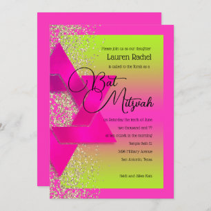 Bat Mitzvah Pink Green Ombre Gold Glitzer Einladung