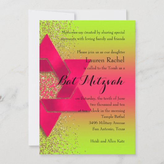 Bat Mitzvah Pink Green Ombre Imitate Gold Glitzer Einladung (Vorderseite)