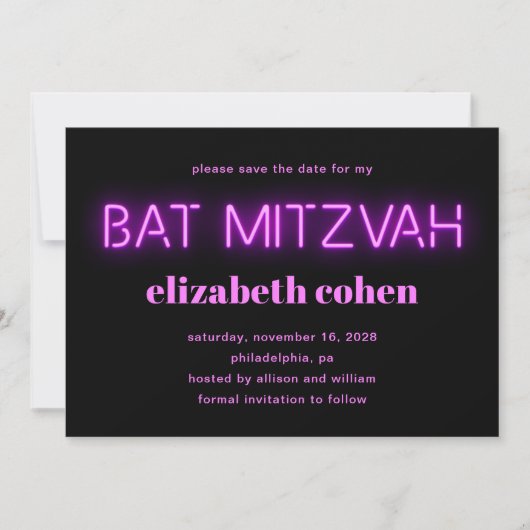 Bat Mitzvah Pink Neon Lights QR Save the Date Einladung (Vorderseite)