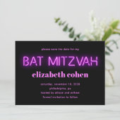 Bat Mitzvah Pink Neon Lights QR Save the Date Einladung (Stehend Vorderseite)