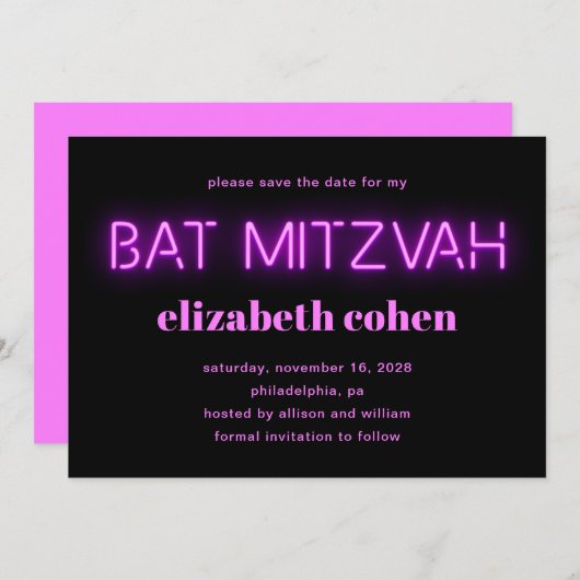 Bat Mitzvah Pink Neon Lights QR Save the Date Einladung (Vorne/Hinten)