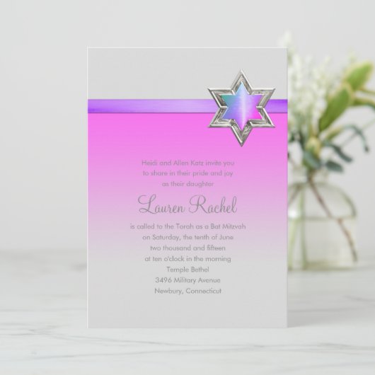 Bat Mitzvah Pink Ombre Ribbon und Star Einladung (Stehend Vorderseite)