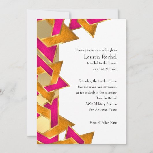 Bat Mitzvah Pink Orange Star auf jeder Farbe Einladung (Vorderseite)