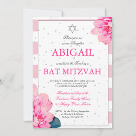 Bat Mitzvah Pink Roses Hebräisch Einladung Silber