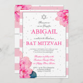 Bat Mitzvah Pink Roses Hebräisch Einladung Silber (Vorne/Hinten)