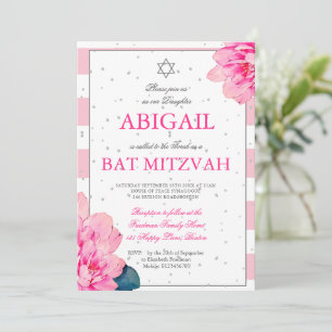 Bat Mitzvah Pink Roses Hebräisch Einladung Silber