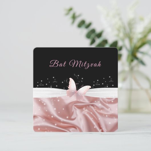 Bat Mitzvah Pink Satin Butterfly Sparkle Einladung (Stehend Vorderseite)