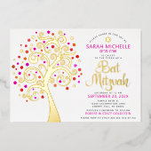 Bat Mitzvah Pink Tree of Life Script Real Gold Folieneinladung (Vorderseite)