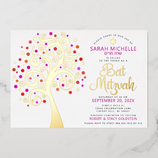 Bat Mitzvah Pink Tree of Life Script Real Gold Folieneinladung (Vorderseite)