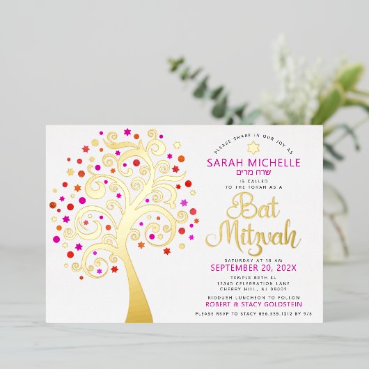 Bat Mitzvah Pink Tree of Life Script Real Gold Folieneinladung (Stehend vorne)