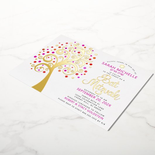 Bat Mitzvah Pink Tree of Life Script Real Gold Folieneinladung (Gedreht)
