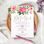 Bat Mitzvah Pink Watercolor Floral Gold Script Einladung<br><div class="desc">Seien Sie stolz, freuen Sie sich und präsentieren Sie diesen Meilenstein Ihres Lieblings-Bat Mitzvah mit dieser raffinierten, personalisierten Einladung! Eine schicke, atemberaubende, pinkfarbene und pfirsichfarbene Aquarellfarbe mit Imitaten, Goldfolienskripttypografie und moderner staubiger Rose und grauem Sans Serif überlagern einen weißen Hintergrund. Zusätzliche Aquarellfarben-Blume und ein weißer David-Stern überlagern einen staubigen, rosa...</div>