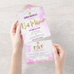 Bat Mitzvah Pink Watercolor Gold Script Chic Party All In One Einladung<br><div class="desc">Seien Sie stolz, freuen Sie sich und präsentieren Sie diesen Meilenstein Ihres Lieblings-Bat Mitzvah! Versenden Sie diese atemberaubende, moderne, maßgeschneiderte All-in-One-Einladung für eine Veranstaltung, an die Sie sich erinnern können. Funkelnd Goldfolie, Glitzer-Punkte und Typografie-Schrift überlagern einen hellrosa Aquarellhintergrund. Dieses All-in-One-Produkt verbindet eine individuelle Einladung mit einem Abend-Veranstaltungsort mit einer leicht...</div>