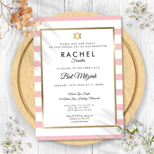Bat Mitzvah Pink White Stripe Gold Star von David Einladung