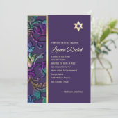 Bat Mitzvah Plum Lila Regenbogen Damask any color Einladung (Stehend Vorderseite)