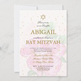 Bat Mitzvah Poppies Floral Gold Pink Wash Einladung
