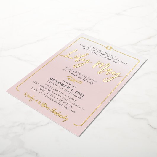 BAT MITZVAH pretty script pale pink ombre gold Folieneinladung (Gedreht)