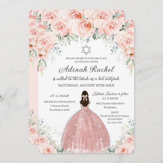 Bat Mitzvah Princess Blush Rose Silver Einladung (Vorne/Hinten)
