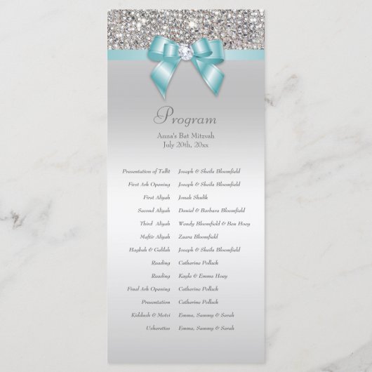 Bat Mitzvah Programm Silver Sequin Aquamarin Bow (Rückseite)