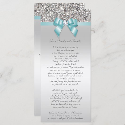 Bat Mitzvah Programm Silver Sequin Aquamarin Bow (Vorne/Hinten)