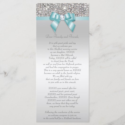 Bat Mitzvah Programm Silver Sequin Aquamarin Bow (Vorderseite)