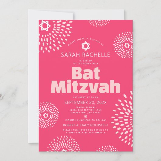 Bat Mitzvah QR Code Rosa Foto Sternexplosion Pop R Einladung (Vorderseite)
