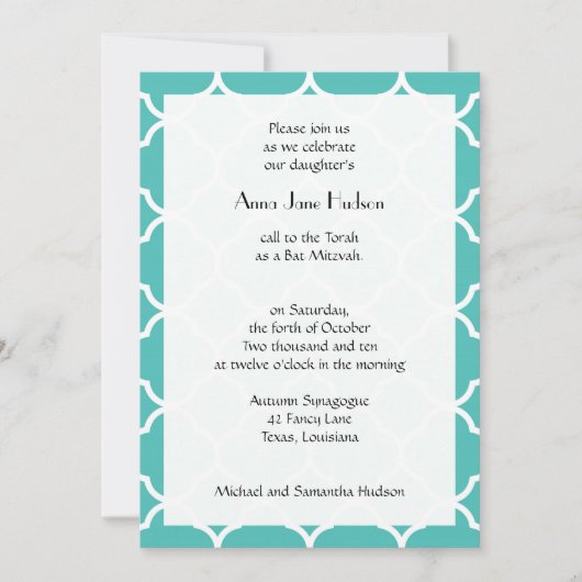 Bat Mitzvah - Quatrefolienform - blau weiß Einladung (Vorderseite)