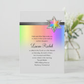 Bat Mitzvah Rainbow and Black Ribbon Silver Star Einladung (Stehend Vorderseite)