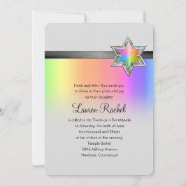 Bat Mitzvah Rainbow and Black Ribbon Silver Star Einladung
