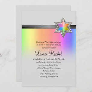 Bat Mitzvah Rainbow and Black Ribbon Silver Star Einladung