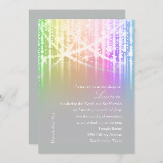 Bat Mitzvah Rainbow Funkelnd Lights Einladung (Vorne/Hinten)