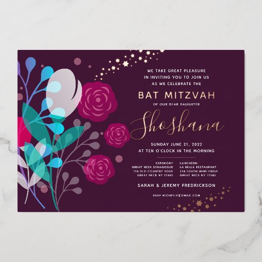 Bat Mitzvah Real Rose Gold Trendy Foil Einladung (Vorderseite)