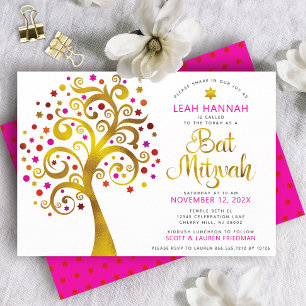 Bat Mitzvah Red Gold Foil Moderner, mutiger Baum d Einladung