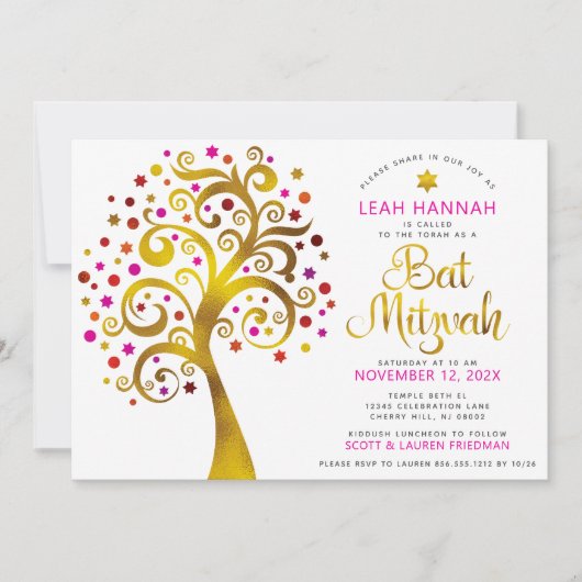 Bat Mitzvah Red Gold Foil Tree of Life Modern Bold Einladung (Vorderseite)