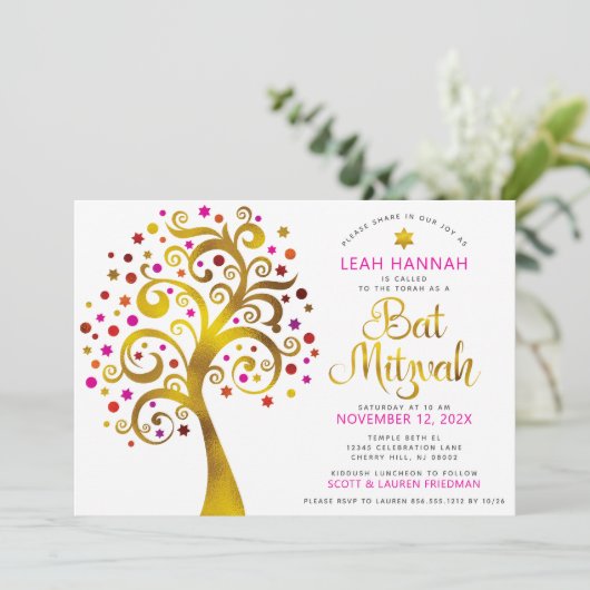 Bat Mitzvah Red Gold Foil Tree of Life Modern Bold Einladung (Stehend Vorderseite)