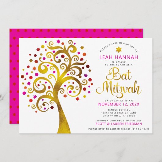 Bat Mitzvah Red Gold Foil Tree of Life Modern Bold Einladung (Vorne/Hinten)