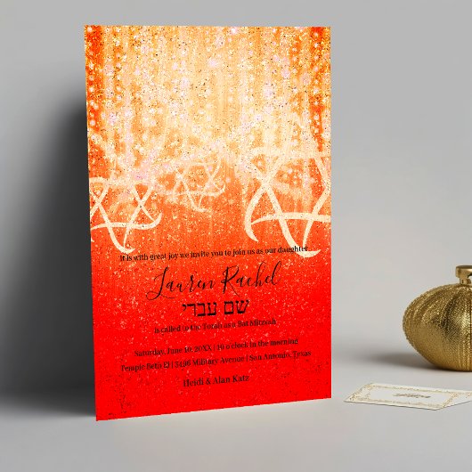 Bat Mitzvah Red Orange Gold Extra Funkelnd Einladung