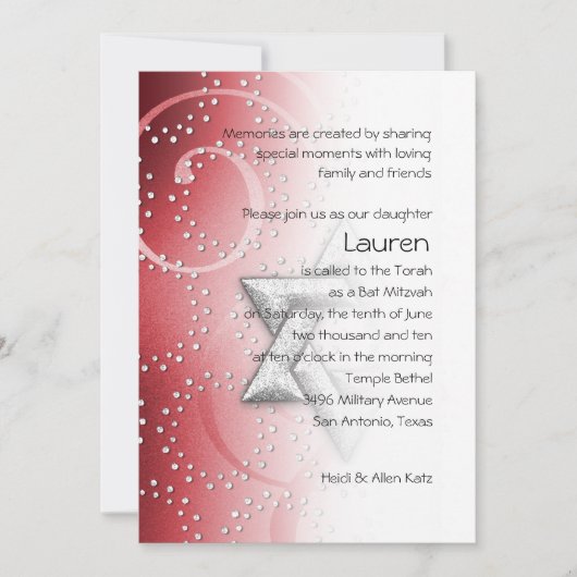 Bat Mitzvah Red Shimmer Star von David Einladung (Vorderseite)