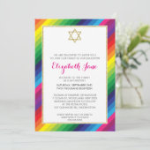BAT MITZVAH Regenbogenstreifen-Muster Gold-Glitzer Einladung (Stehend Vorderseite)