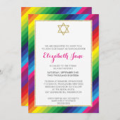 BAT MITZVAH Regenbogenstreifen-Muster Gold-Glitzer Einladung (Vorne/Hinten)