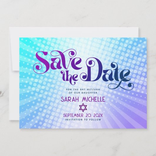 Bat Mitzvah Retro Blue Lila Ombre Gradient Boho Save The Date (Vorderseite)