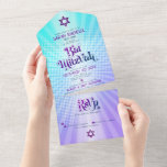 Bat Mitzvah Retro Boho Blue Lila Gradient Bold All In One Einladung<br><div class="desc">Seien Sie stolz, freuen Sie sich und präsentieren Sie diesen Meilenstein Ihres Lieblings-Bat Mitzvah mit diesem lustigen boho Retro, maßgeschneiderte All-in-One-Einladung für eine Veranstaltung zu erinnern. Angesagte, trendige, kühne lila und marineblaue Typografie mit moderner Sans-Serif-Typografie überlagert einen Hintergrund von türkisblauen Pop und lila Ober-Farbradien mit weißen Punkten. Dieses All-in-One-Produkt ist...</div>