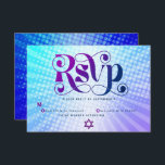 Bat Mitzvah Retro Boho Blue Lila Gradient Bold RSVP Karte<br><div class="desc">Seien Sie stolz, freuen Sie sich und präsentieren Sie diesen Meilenstein Ihres Lieblings-Bat Mitzvah! Fügen Sie diese Boho, Retro, personalisierte UAWG Insert-Karte für Ihre Veranstaltung. Die trendige, fett lila und marineblaue Typografie mit moderner Sans-Serif-Typografie überlagert den Hintergrund von türkisfarbenen Pop und lila Ober-Farbradien mit weißen Punkten. Auf der Rückseite, ein...</div>