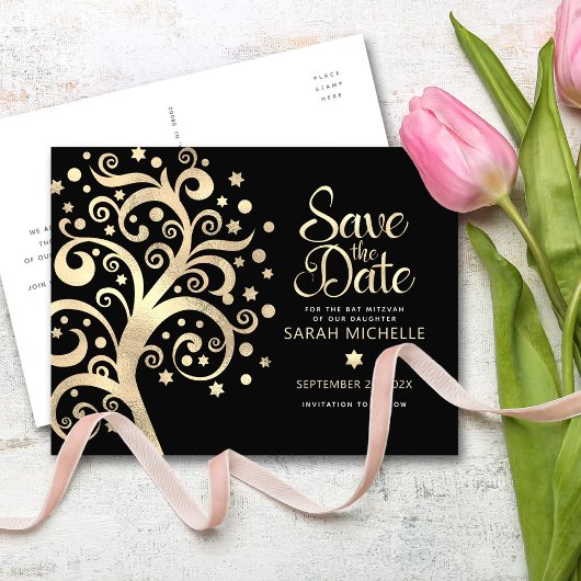 Bat Mitzvah Rett Date Black Gold Foil Tree of Life Einladungspostkarte