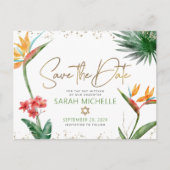 Bat Mitzvah Rett Date Tropical Floral Gold Script Einladungspostkarte (Vorderseite)