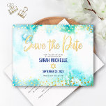 Bat Mitzvah Rett Datum Türkis Wasserfarbe Gold Folie Einladungspostkarte<br><div class="desc">Achten Sie darauf, dass alle Ihre Freunde und Verwandten den Meilenstein Ihrer Tochter Bat Mitzvah feiern können! Versenden Sie diese atemberaubende, moderne, funkelnd reale Goldfolie, Glitzer Punkte und handgeschriebene Schrift mit türkisblauem Aquarellhintergrund, personalisierte "Save the Date" Ankündigungskarte. Personalisieren Sie den benutzerdefinierten Text mit dem Namen und Datum Ihres Bat Mitzvah....</div>