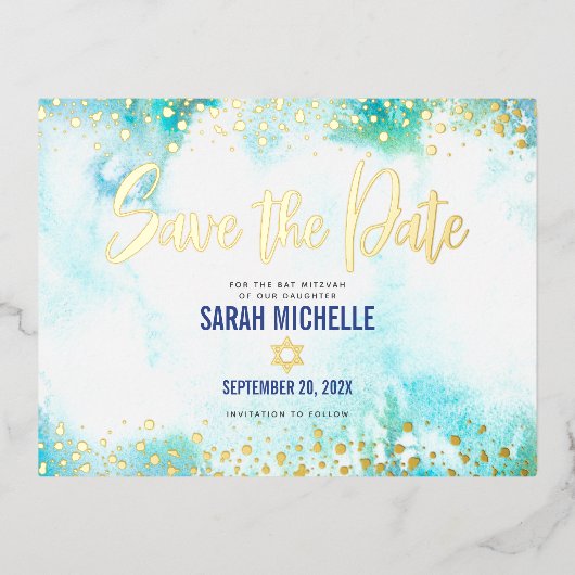 Bat Mitzvah Rett Datum Türkis Wasserfarbe Gold Folie Einladungspostkarte (Vorderseite)