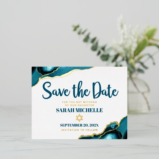 Bat Mitzvah Rett Datum Turquoise Agate Real Gold Folie Einladungspostkarte (Stehend vorne)