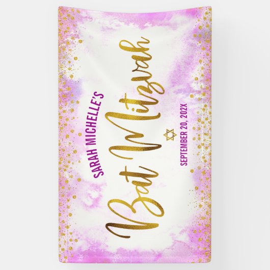 Bat Mitzvah rosa Aquarell Girl Gold-Folie Skript Banner (Vertikal)