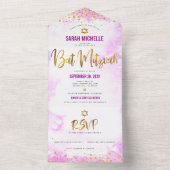 Bat Mitzvah rosa Aquarellgold-Skript modern All In One Einladung (Innen Boden)